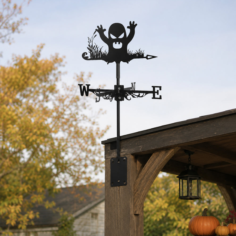 Halloween ghost metal weather vane with directional arrows and mounting rod, outdoor roof and garden decoration