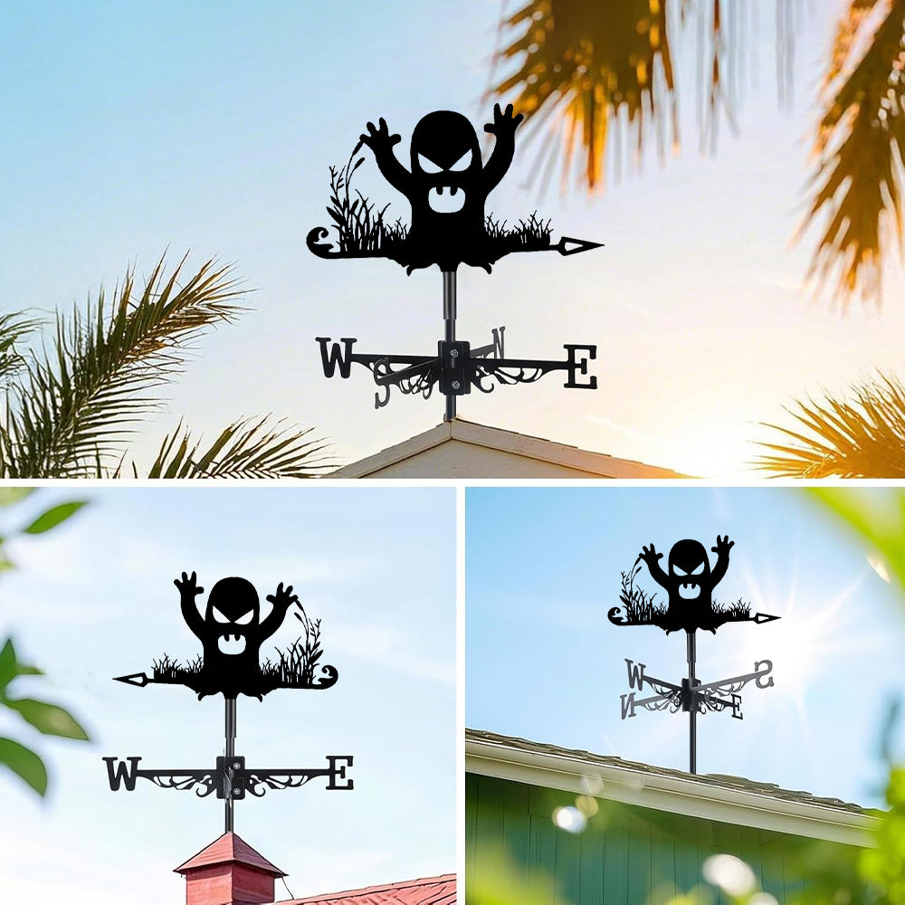 Halloween ghost metal weather vane with directional arrows and mounting rod, outdoor roof and garden decoration