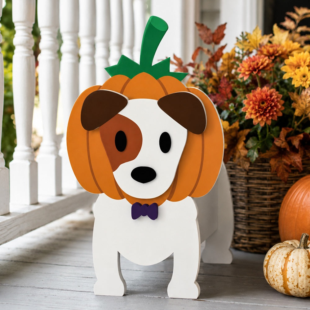 Halloween Jack Russell Terrier Dog Planter filled with fresh flowers is placed in the garden