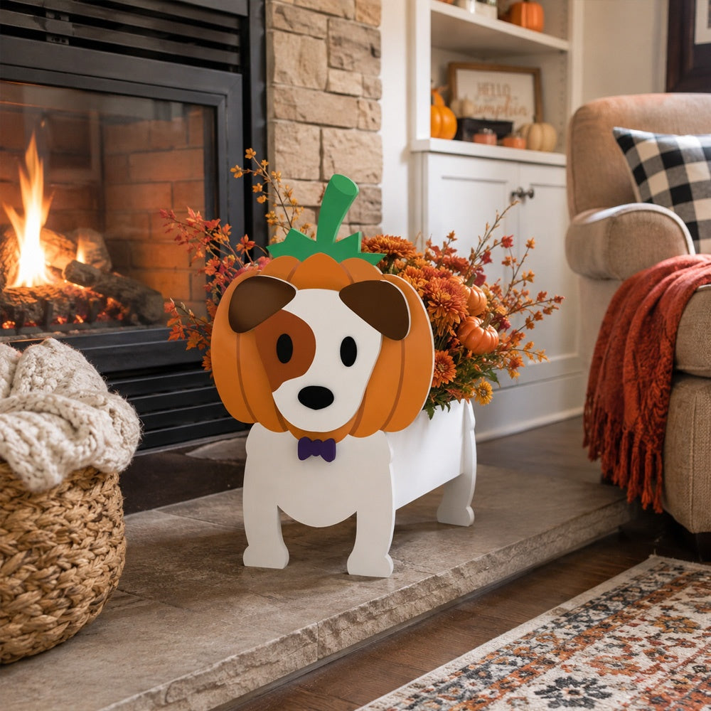 Halloween Jack Russell Terrier Dog Planter filled with fresh flowers is placed in the garden
