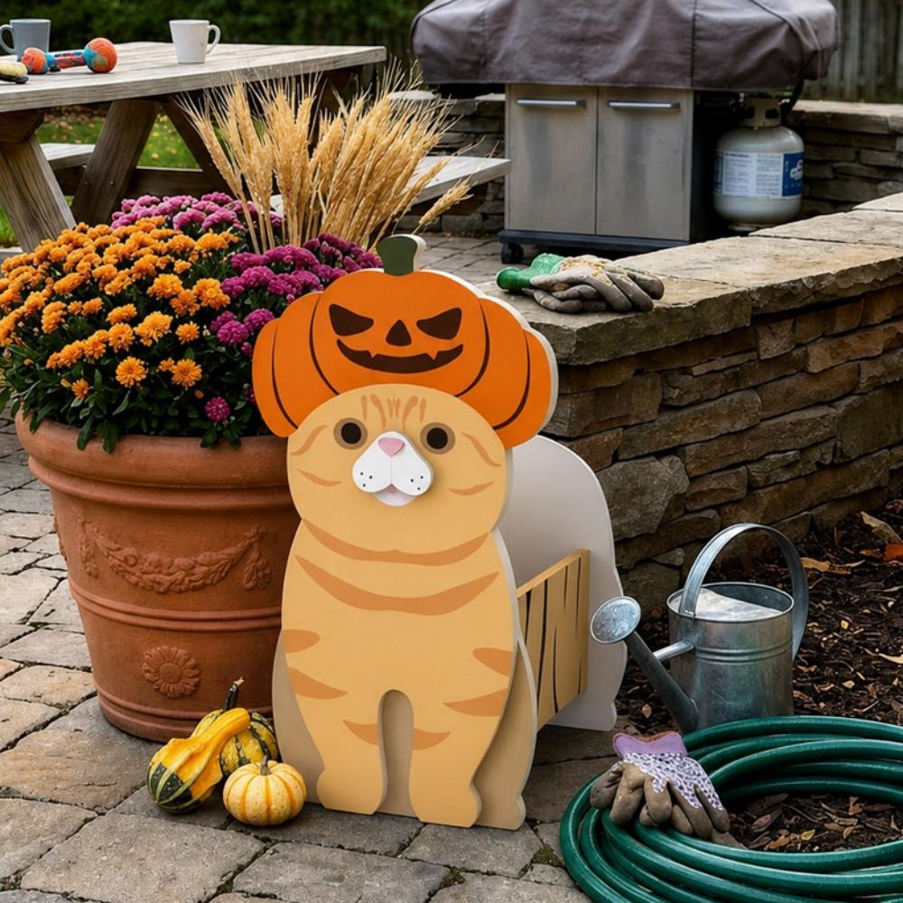 Halloween Orange Cat Planter filled with fresh flowers is placed in the garden