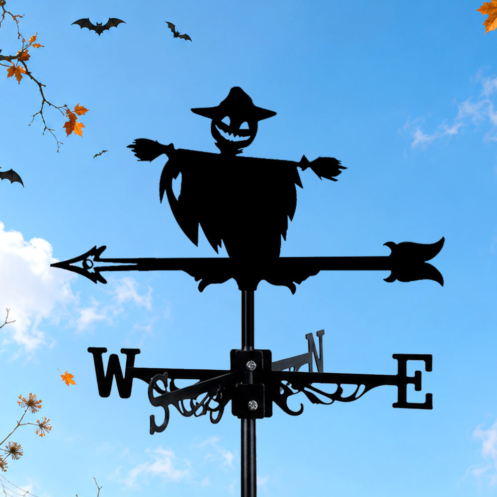 Halloween scarecrow metal weather vane with directional arrows and mounting rod, outdoor roof and garden decoration