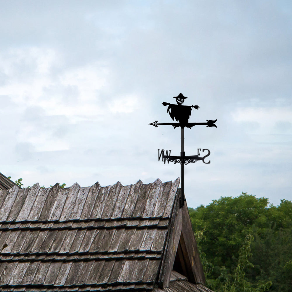 Halloween scarecrow metal weather vane with directional arrows and mounting rod, outdoor roof and garden decoration