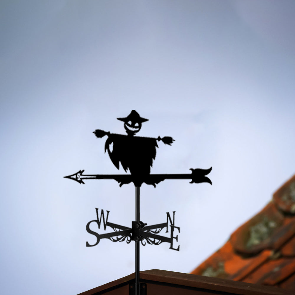 Halloween scarecrow metal weather vane with directional arrows and mounting rod, outdoor roof and garden decoration