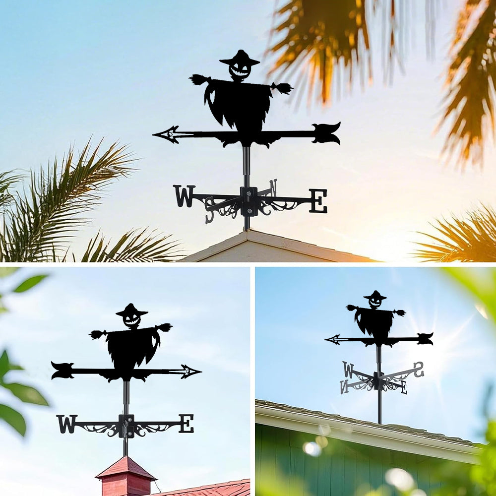 Halloween scarecrow metal weather vane with directional arrows and mounting rod, outdoor roof and garden decoration