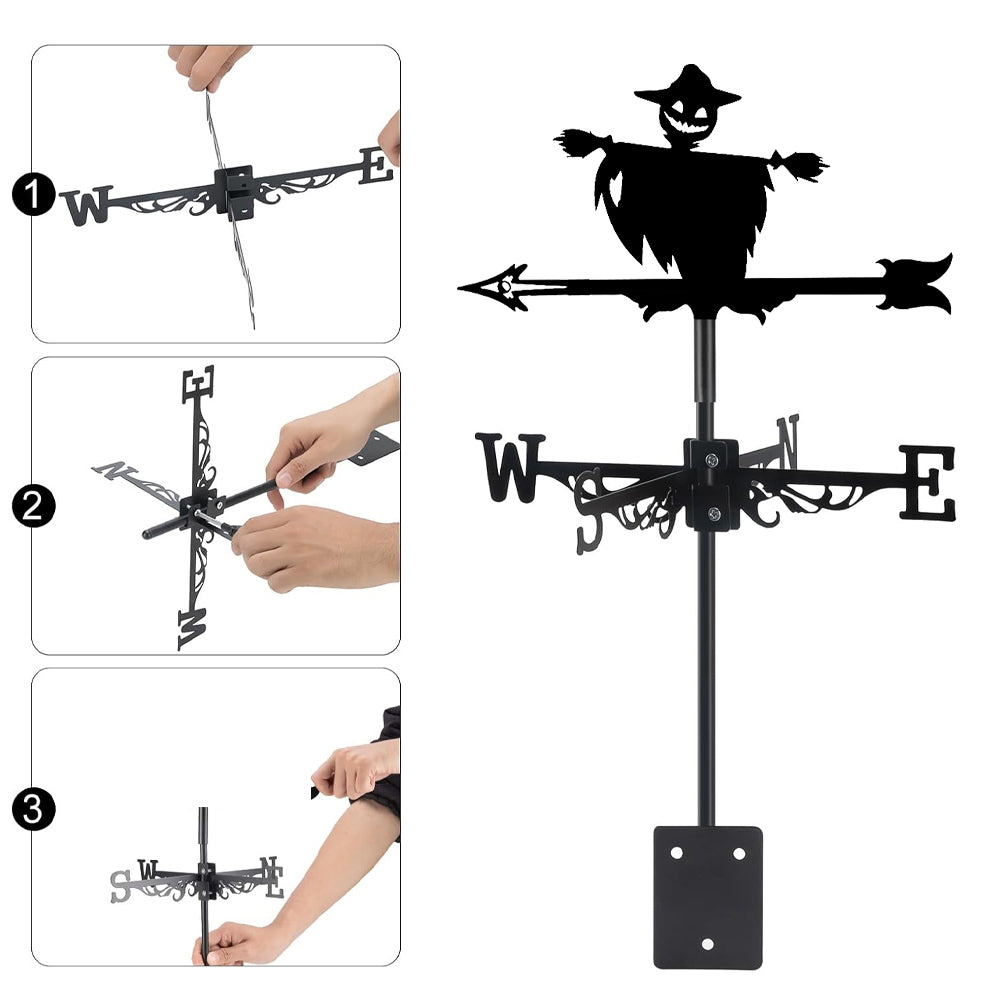 Halloween scarecrow metal weather vane with directional arrows and mounting rod, outdoor roof and garden decoration