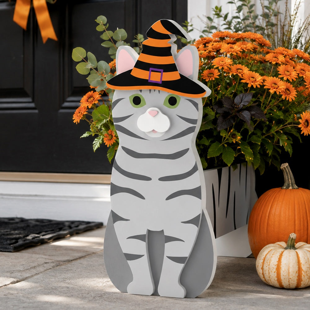 Halloween Silver Tabby Cat Planter filled with fresh flowers is placed in the garden