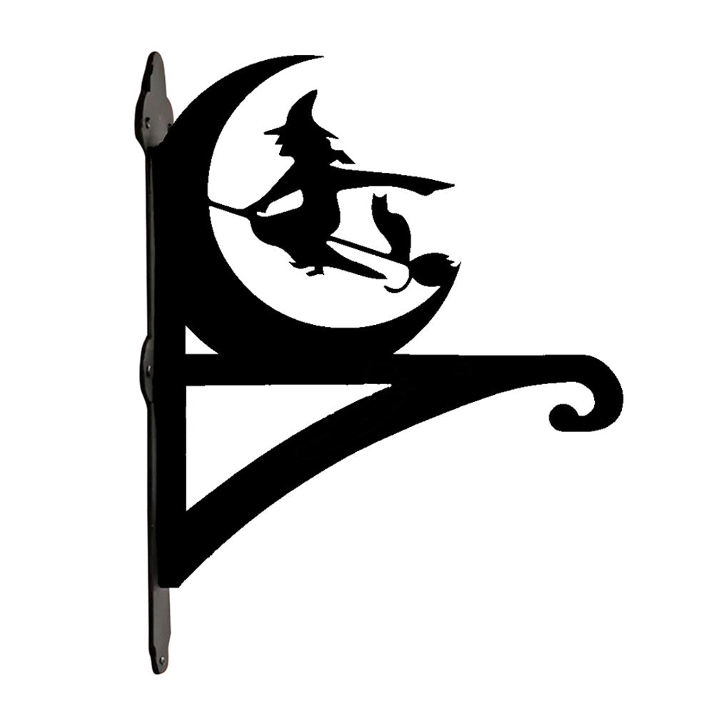 Halloween witch flying on broom metal hanging basket bracket mounted on outdoor wall for plant decoration
