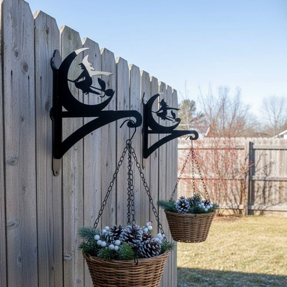 Halloween witch flying on broom metal hanging basket bracket mounted on outdoor wall for plant decoration