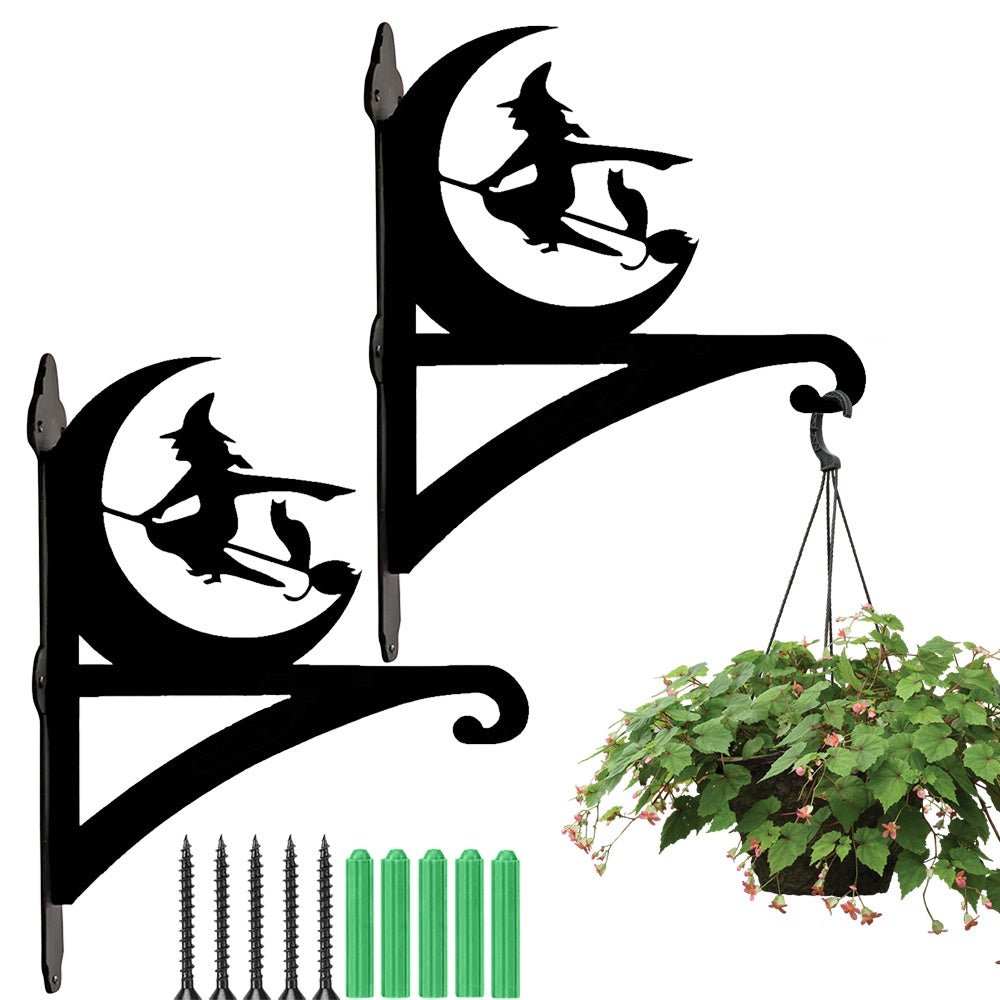 Halloween witch flying on broom metal hanging basket bracket mounted on outdoor wall for plant decoration