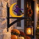 Halloween witch flying on broom metal hanging basket bracket mounted on outdoor wall for plant decoration