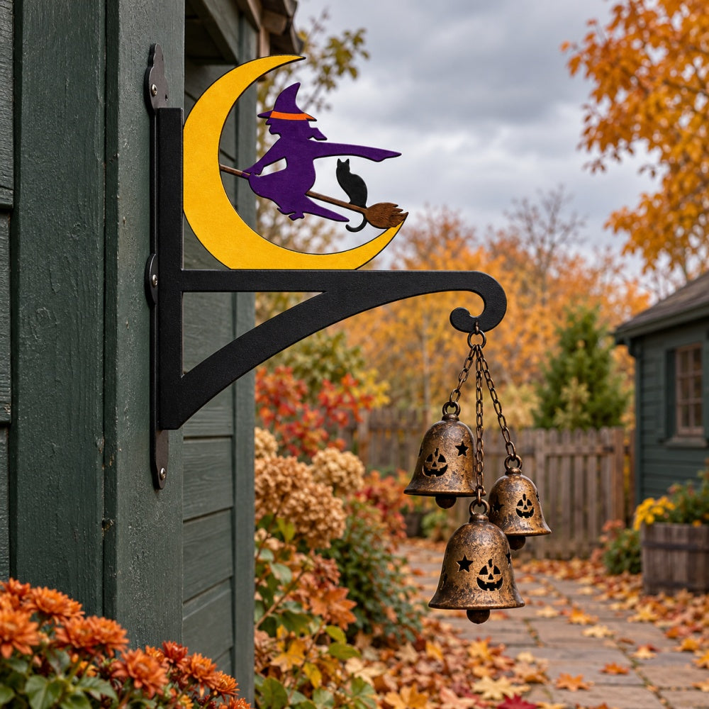 Halloween witch flying on broom metal hanging basket bracket mounted on outdoor wall for plant decoration