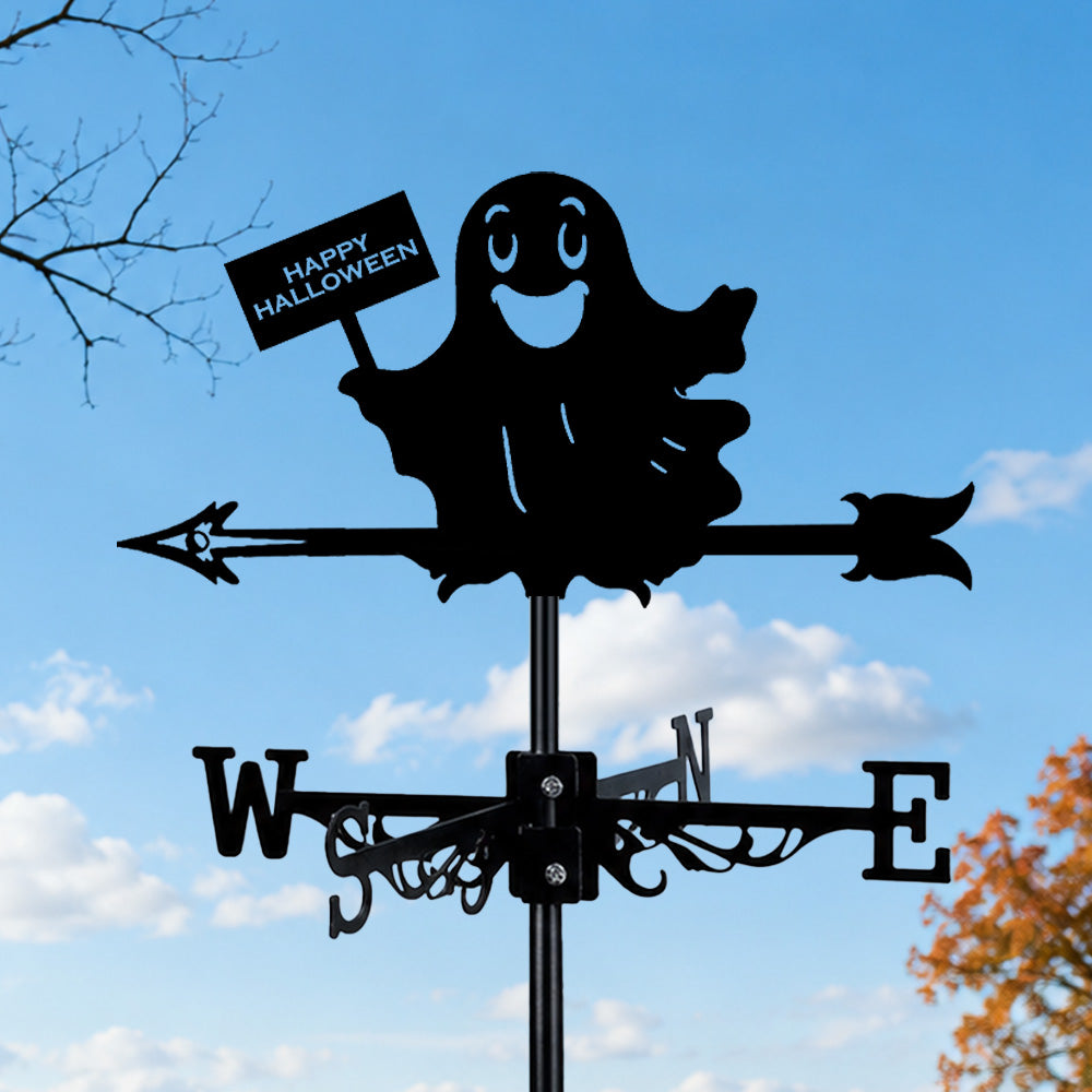 Happy halloween ghost metal weather vane with directional arrows and mounting rod, outdoor roof and garden decoration