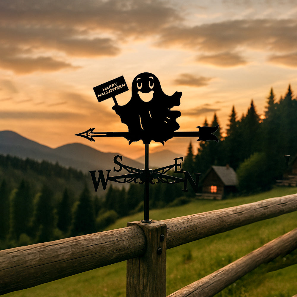 Happy halloween ghost metal weather vane with directional arrows and mounting rod, outdoor roof and garden decoration