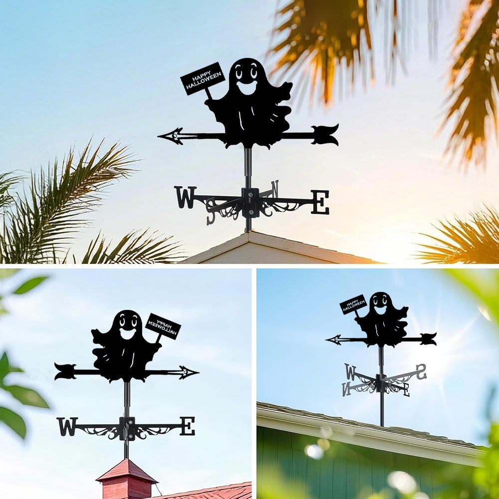 Happy halloween ghost metal weather vane with directional arrows and mounting rod, outdoor roof and garden decoration