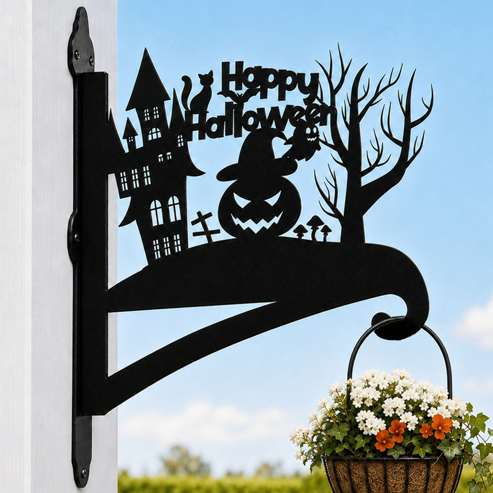 Happy halloween metal hanging basket bracket mounted on outdoor wall for plant decoration