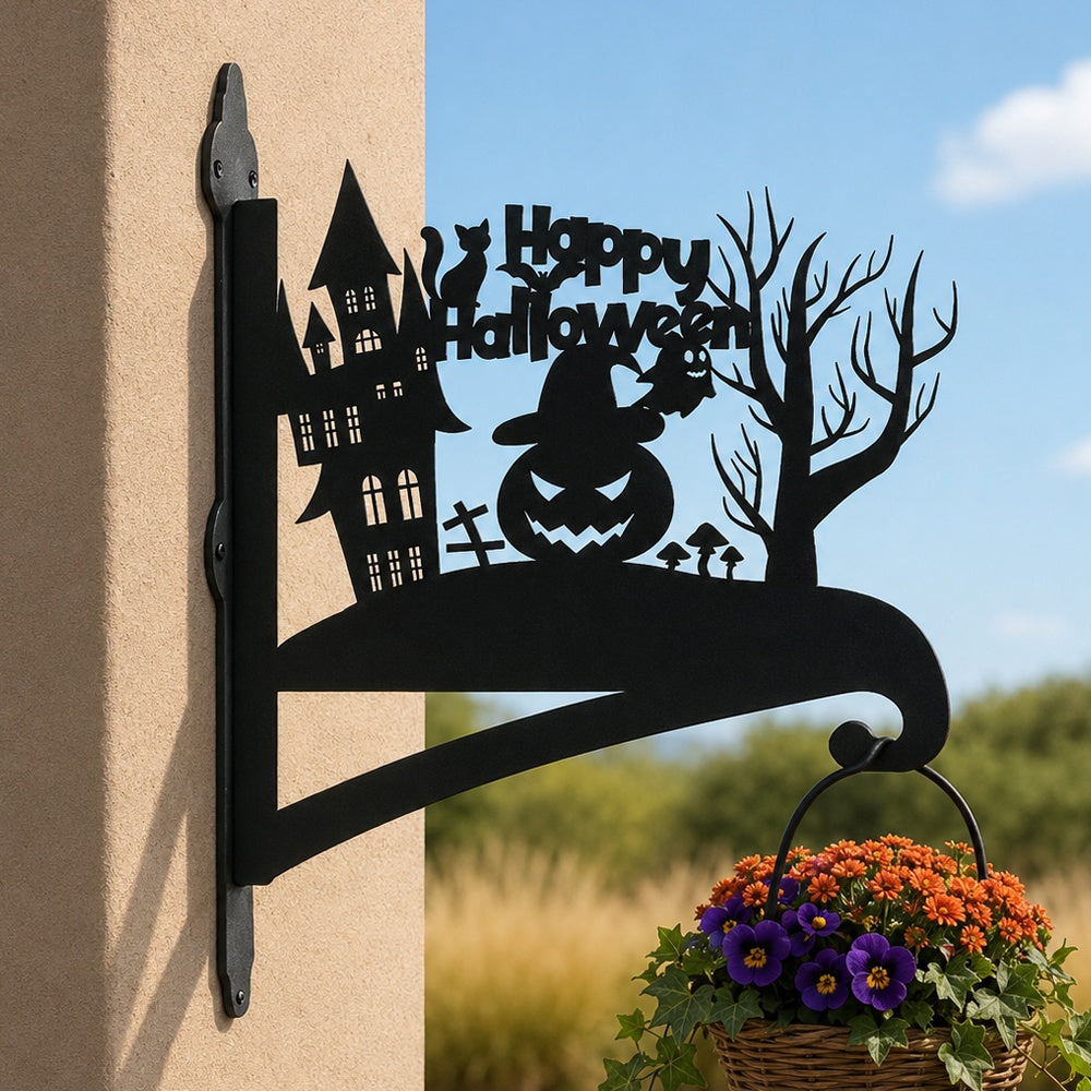 Happy halloween metal hanging basket bracket mounted on outdoor wall for plant decoration