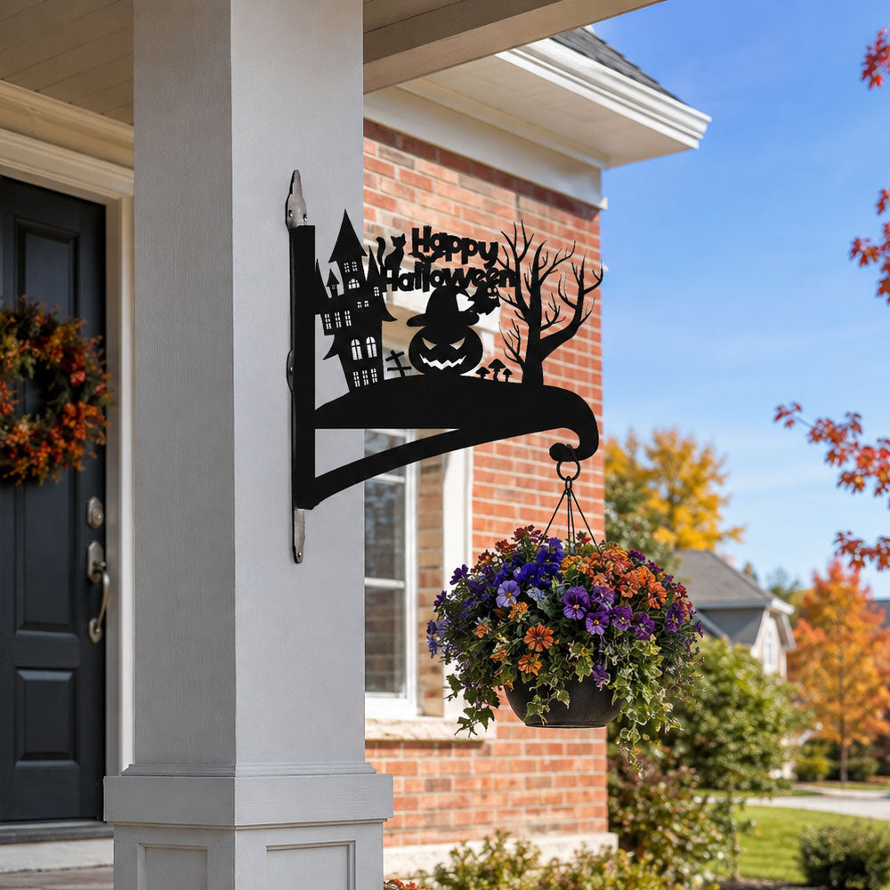 Happy halloween metal hanging basket bracket mounted on outdoor wall for plant decoration