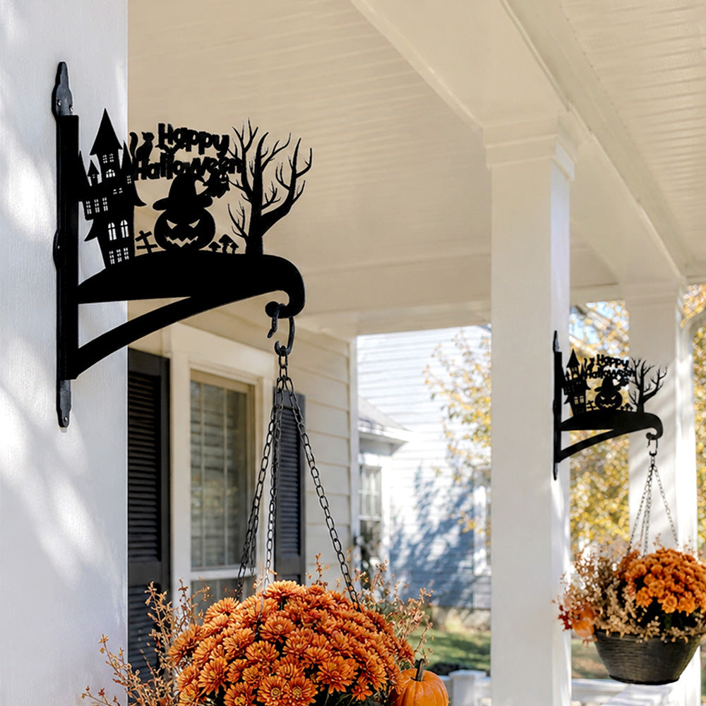 Happy halloween metal hanging basket bracket mounted on outdoor wall for plant decoration