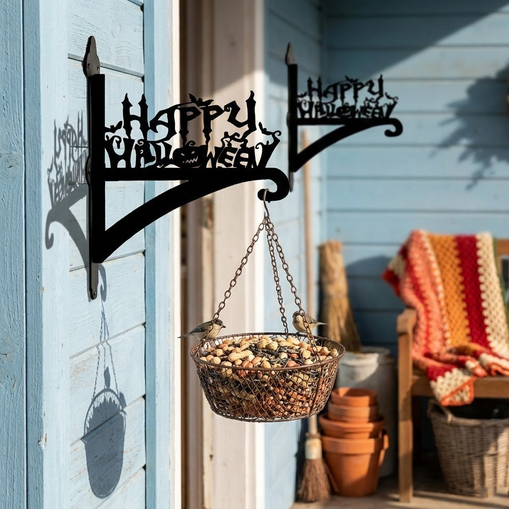 Happy halloween metal hanging basket bracket mounted on outdoor wall for plant decoration
