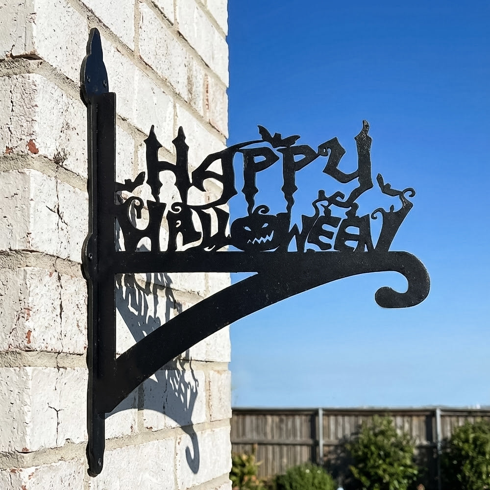 Happy halloween metal hanging basket bracket mounted on outdoor wall for plant decoration