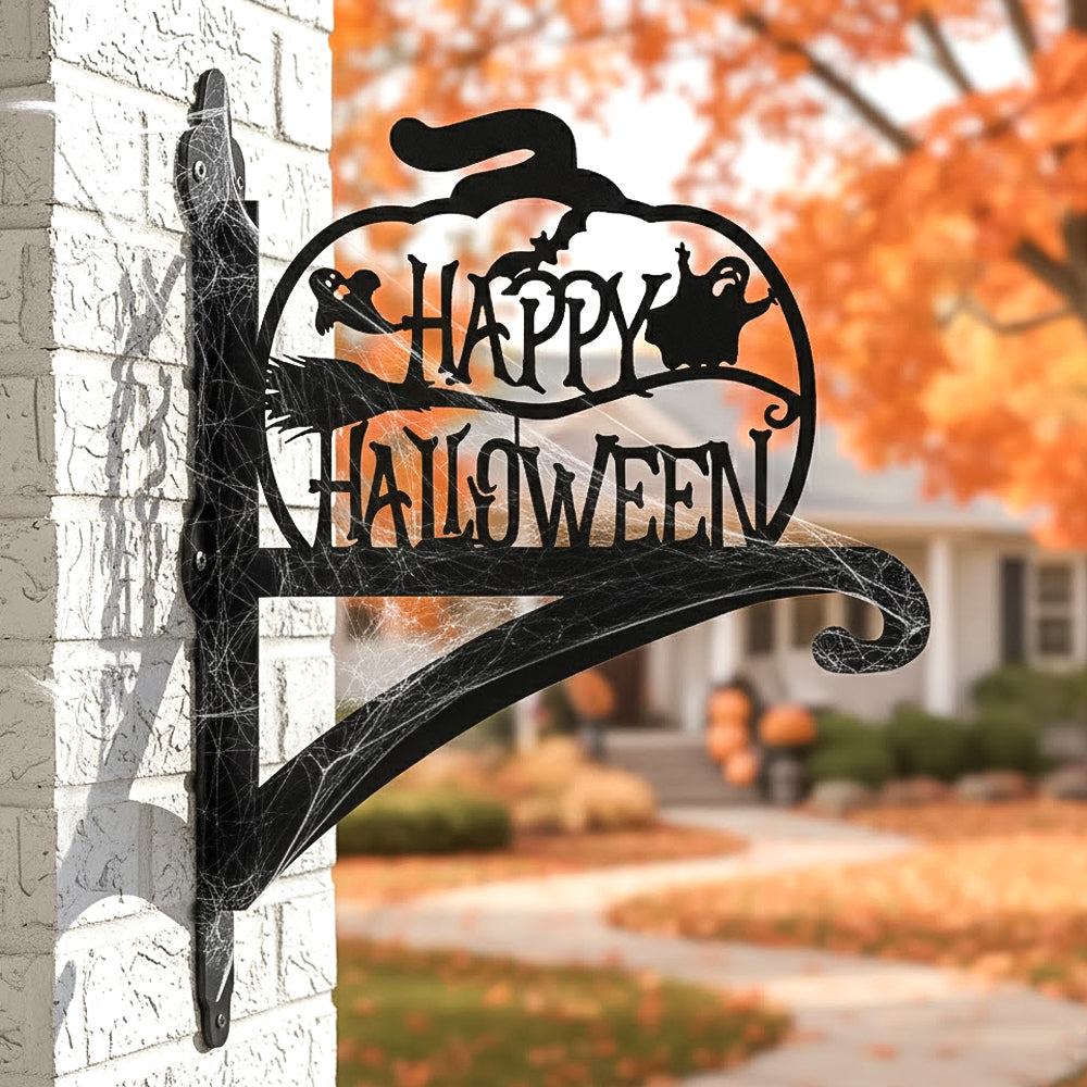 Happy halloween metal hanging basket bracket mounted on outdoor wall for plant decoration