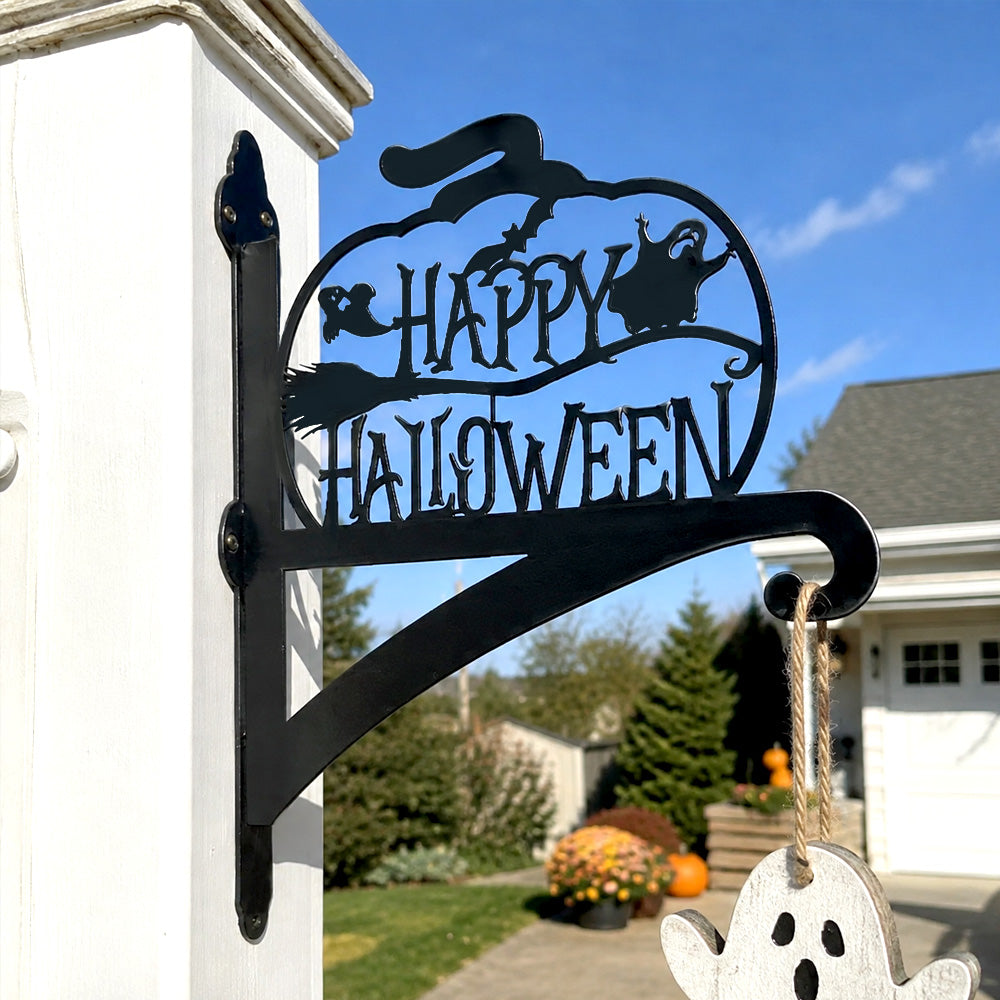 Happy halloween metal hanging basket bracket mounted on outdoor wall for plant decoration