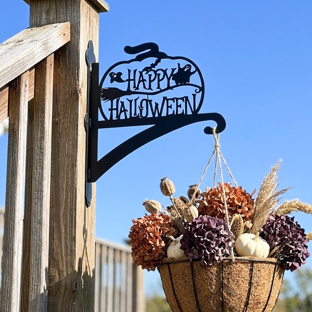 Happy halloween metal hanging basket bracket mounted on outdoor wall for plant decoration
