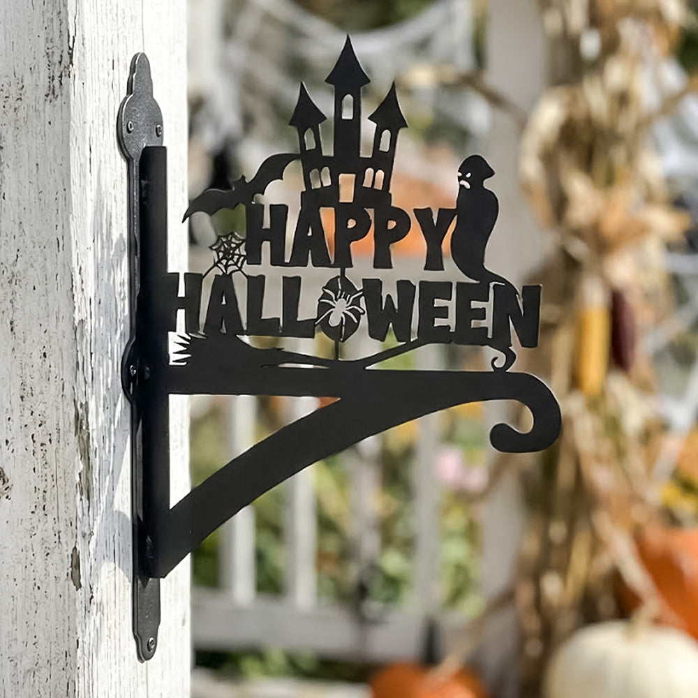Happy halloween haunted castle metal hanging basket bracket mounted on outdoor wall for plant decoration
