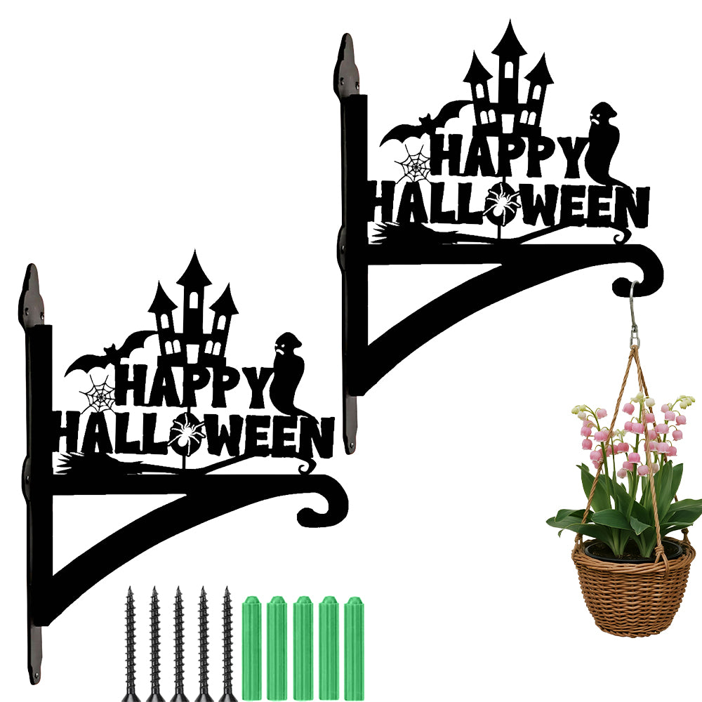 Happy halloween haunted castle metal hanging basket bracket mounted on outdoor wall for plant decoration