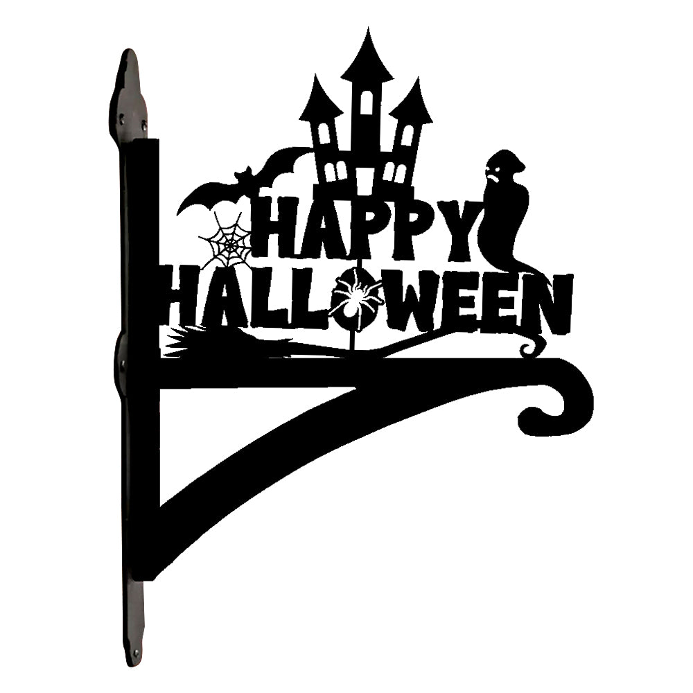 Happy halloween haunted castle metal hanging basket bracket mounted on outdoor wall for plant decoration