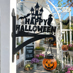 Happy halloween haunted castle metal hanging basket bracket mounted on outdoor wall for plant decoration