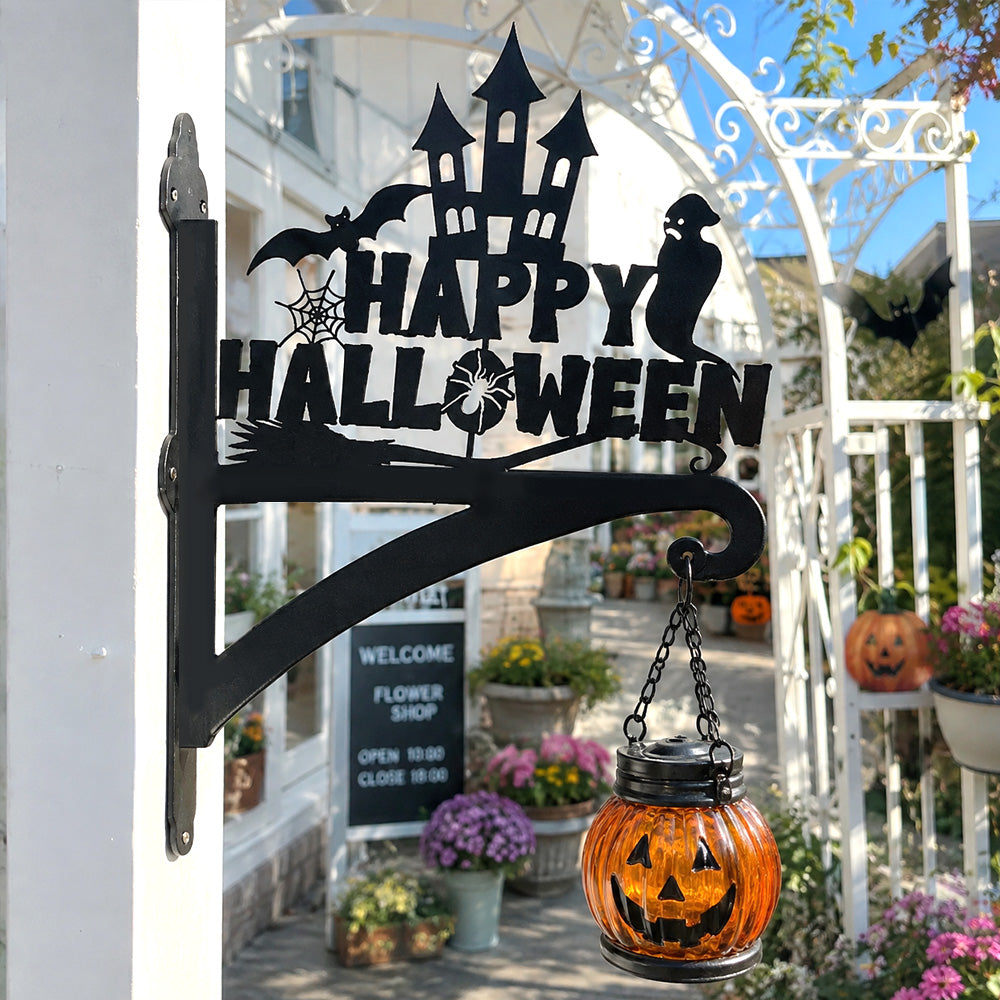 Happy halloween haunted castle metal hanging basket bracket mounted on outdoor wall for plant decoration