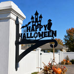 Happy halloween haunted castle metal hanging basket bracket mounted on outdoor wall for plant decoration