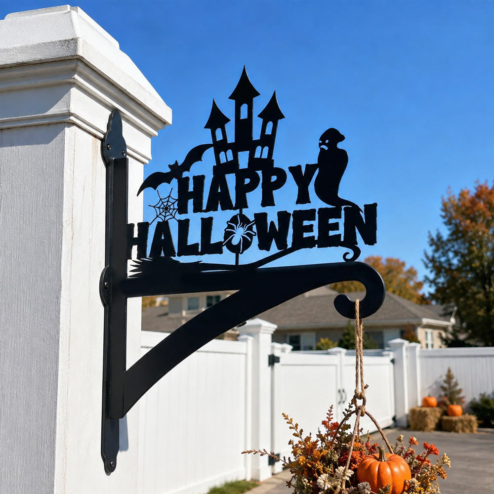Happy halloween haunted castle metal hanging basket bracket mounted on outdoor wall for plant decoration