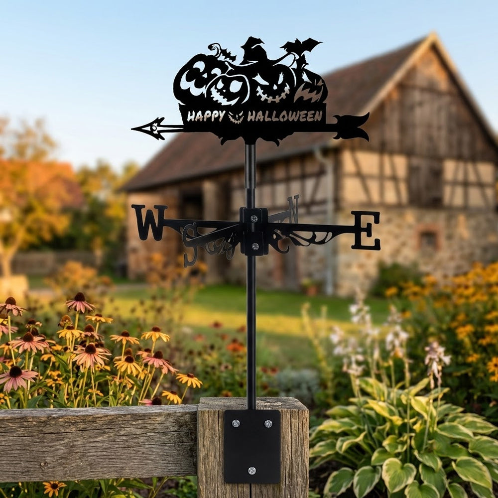 Happy halloween metal weather vane with directional arrows and mounting rod, outdoor roof and garden decoration