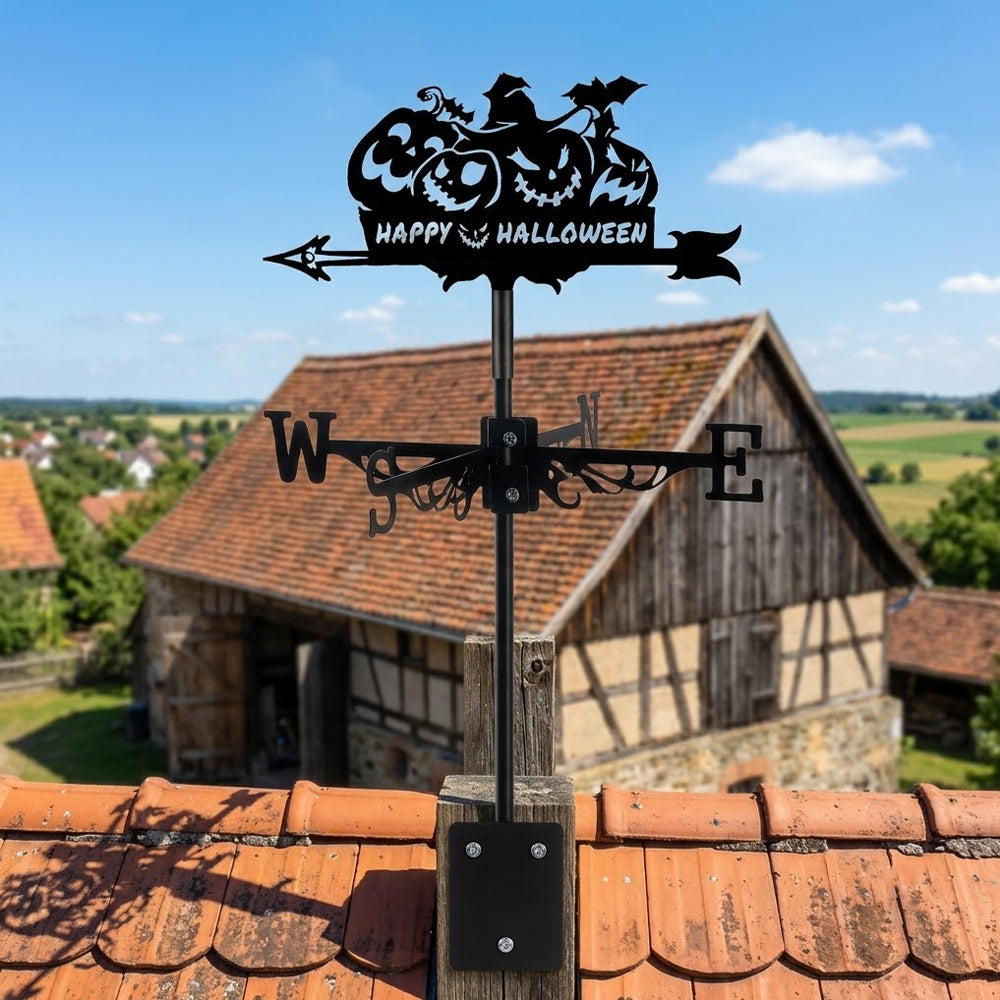 Happy halloween metal weather vane with directional arrows and mounting rod, outdoor roof and garden decoration