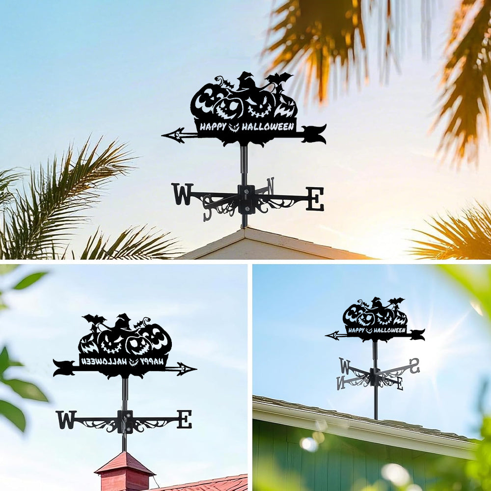 Happy halloween metal weather vane with directional arrows and mounting rod, outdoor roof and garden decoration