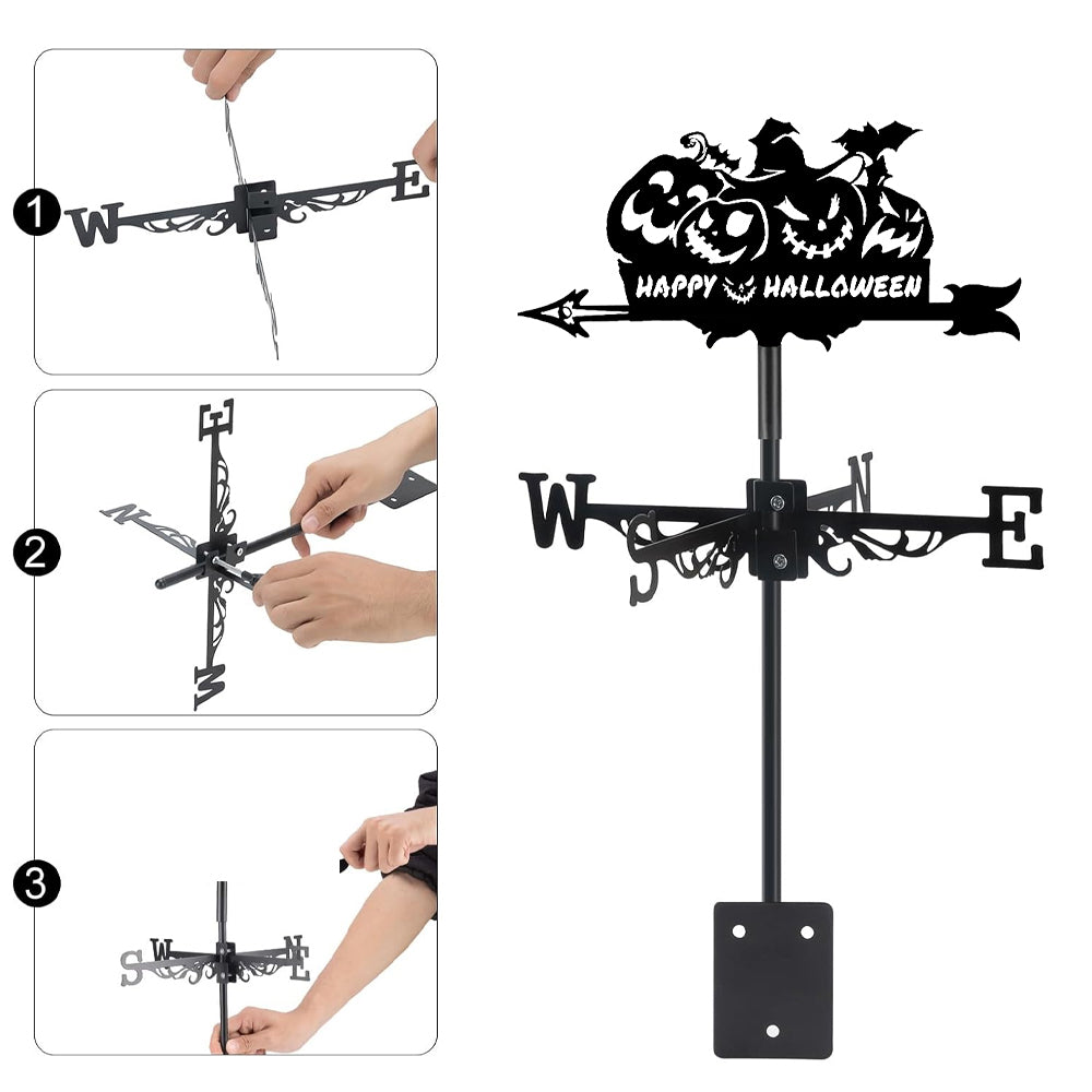 Happy halloween metal weather vane with directional arrows and mounting rod, outdoor roof and garden decoration