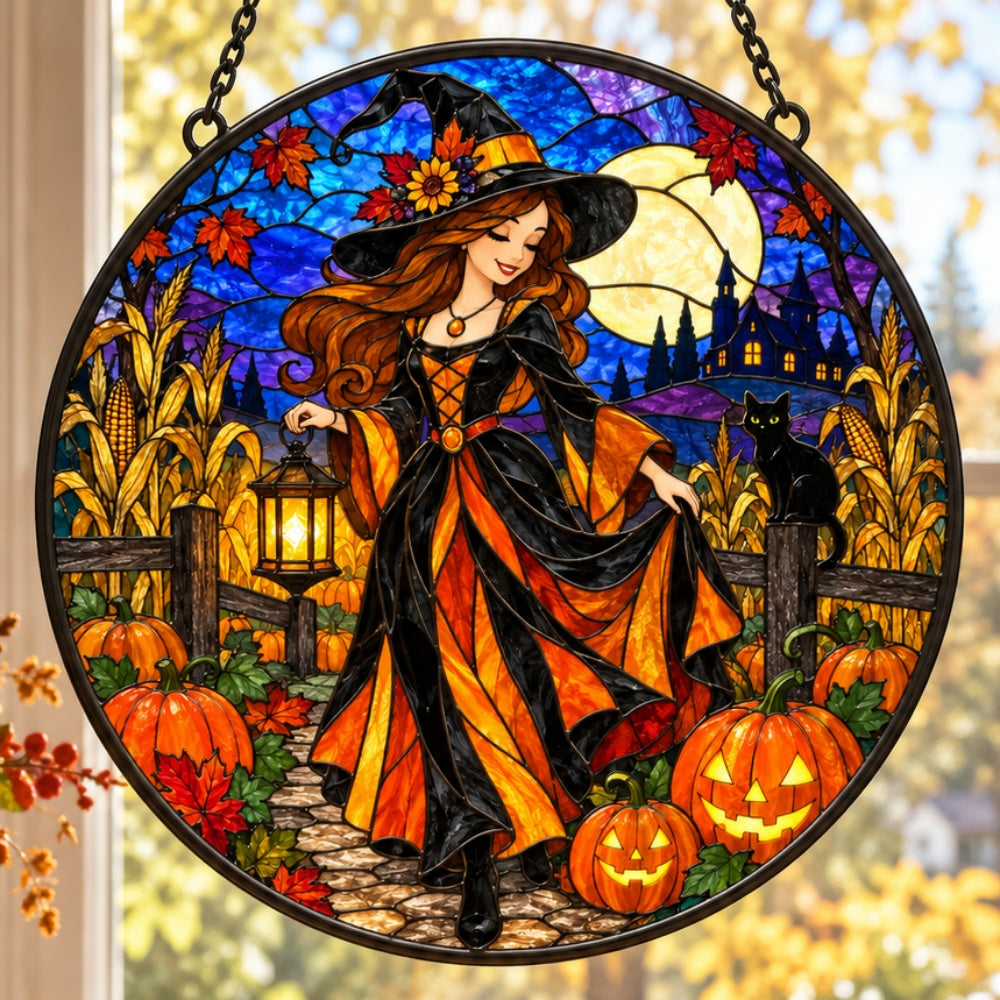Harvest Witch Halloween stained glass suncatcher window hanging, suitable for home and garden decoration