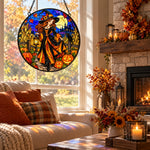 Harvest Witch Halloween stained glass suncatcher window hanging, suitable for home and garden decoration