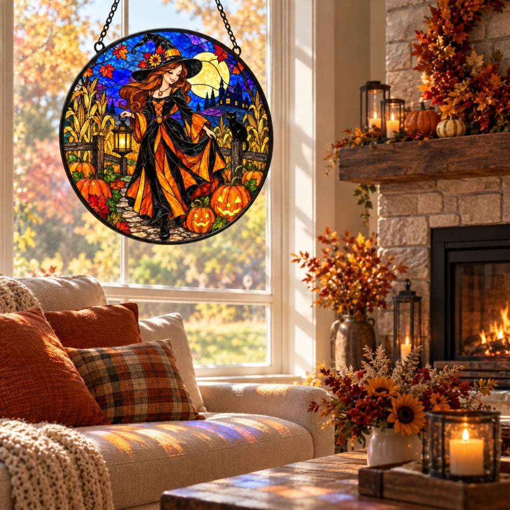 Harvest Witch Halloween stained glass suncatcher window hanging, suitable for home and garden decoration