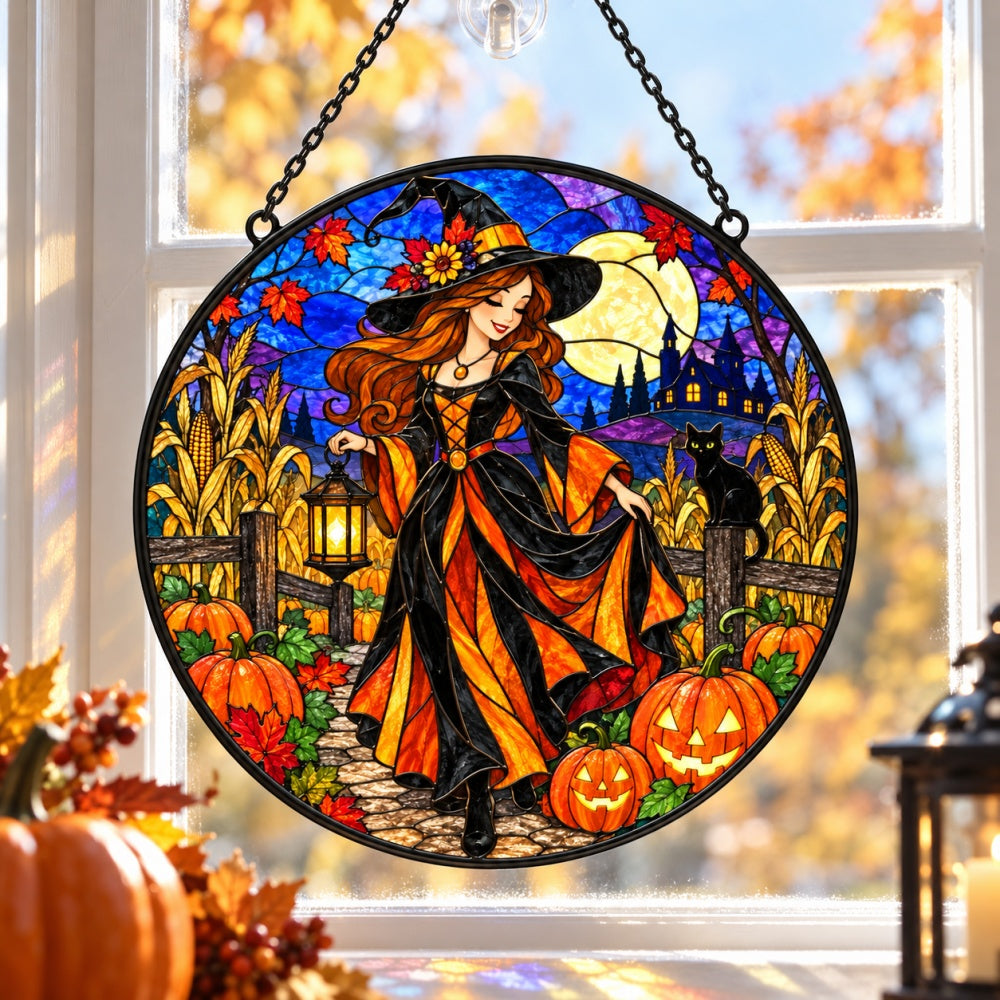 Harvest Witch Halloween stained glass suncatcher window hanging, suitable for home and garden decoration
