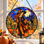 Harvest Witch Halloween stained glass suncatcher window hanging, suitable for home and garden decoration