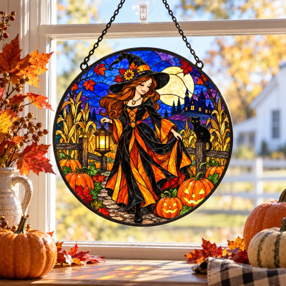 Harvest Witch Halloween stained glass suncatcher window hanging, suitable for home and garden decoration