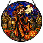 Harvest Witch Halloween stained glass suncatcher window hanging, suitable for home and garden decoration