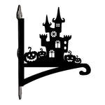 Haunted castle and pumpkins metal hanging basket bracket mounted on outdoor wall for plant decoration