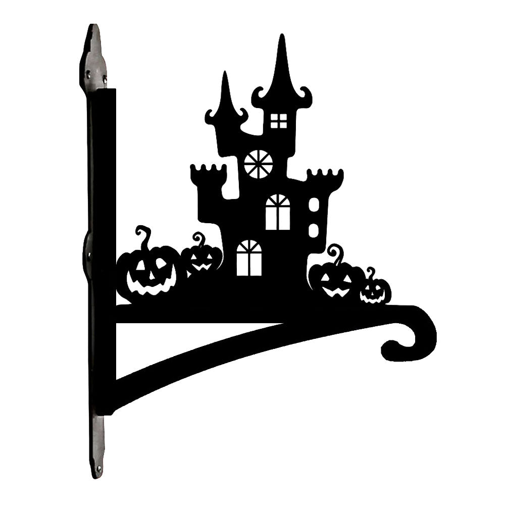 Haunted castle and pumpkins metal hanging basket bracket mounted on outdoor wall for plant decoration