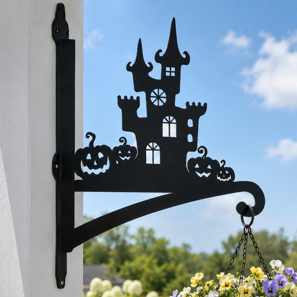 Haunted castle and pumpkins metal hanging basket bracket mounted on outdoor wall for plant decoration