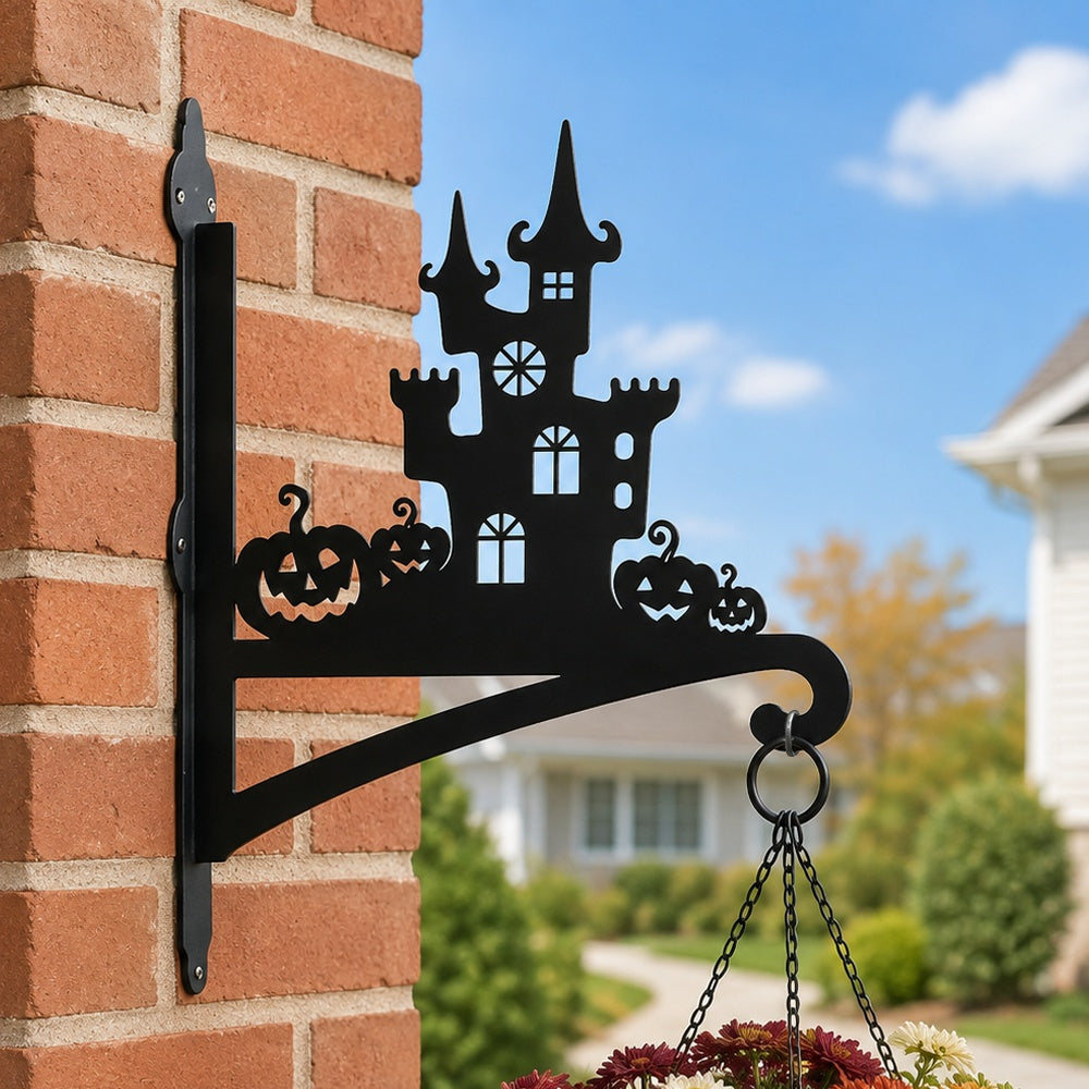 Haunted castle and pumpkins metal hanging basket bracket mounted on outdoor wall for plant decoration